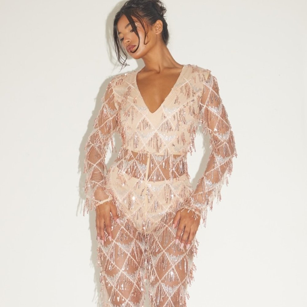 Pretty Little Thing Rose Gold Tassel Sequin Plunge Jumpsuit, SZ 2